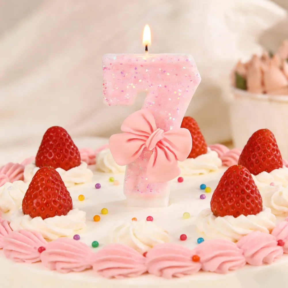 Velas de fiesta con lazo rosa número 0-9, suministros de decoración de pasteles para fiesta de cumpleaños para niños, fiesta de feliz cumpleaños rosa bonita