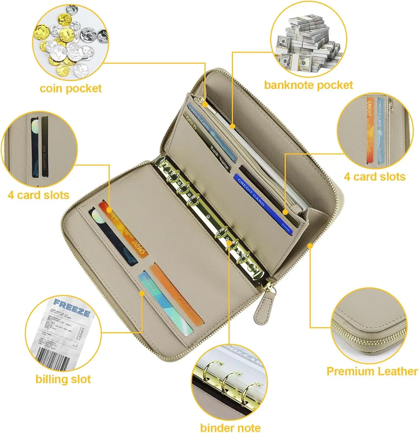 A6 Budget Binder with Cash Envelopes, with Zipper 6 Rings Refillable Money Wallet, 10 Tabbed Cash Envelopes, 3 Sticker Labels