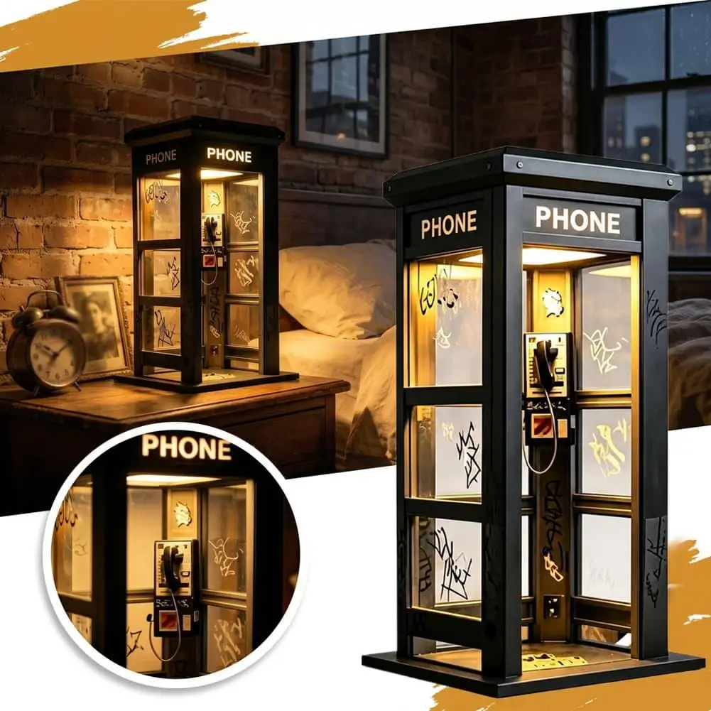 Retro Vintage Tall Phone Booth Lamp Ornament, Classic Telephone Booth Table Lamp, Phone Box Decorative Nigh Home