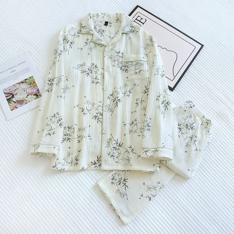 

Men and Women couples pajamas Japanese gauze washed crepe cotton cute Bamboo printing long-sleeved loungewear suit