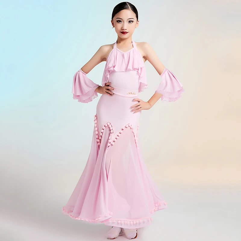 

Standard Dance Dress Girls Ballroom Dancing Costume Pink Dance Suit Practice Skirt Modern Waltz Performance Stage Wear VBH2438