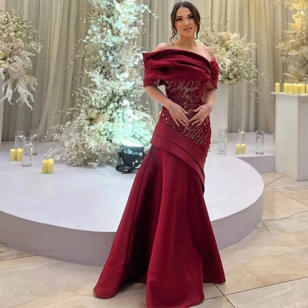 

Fashion Strapless Evening Dress with Off the Shoulder Elegant Satin Mermaid Robe de soirée Customized Beading Crystal Prom Dress
