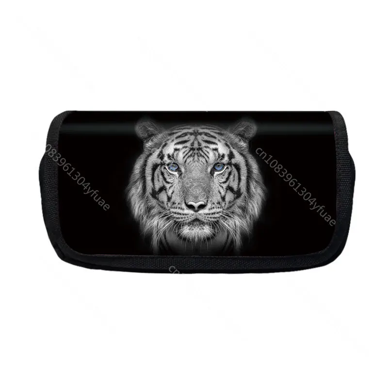 Multifunctional Double Layer Stand Pencil Stationery Case Large Capacity Make Up Bag Gift Black Animal Tiger Lion Cloth Pen Bag