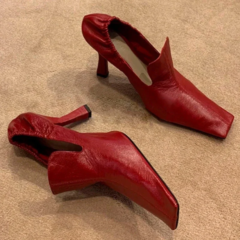 Designer Vierkante Neus Hoge Hakken Vrouwen Mode Geplooide Feestjurk Schoenen Ondiepe Nieuwe 2024 Lente Herfst Retro Muiltjes Pumps Vrouwen