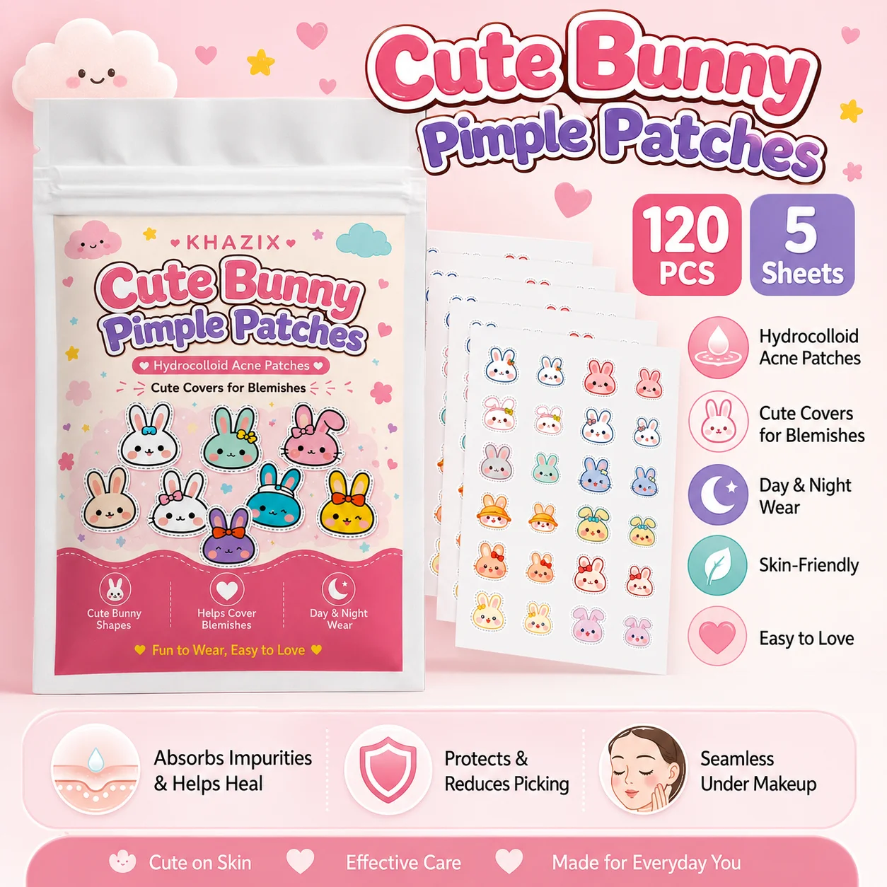 120pcs Cartoon acne patch, cute cat-shaped facial concealer acne patch, safe, non-toxic, gentle and non-irritating