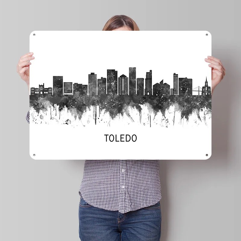 Toledo Ohio Skyline BW Personalized 3D Textured Metal Poster Wall Art Vintage Tin Signs for Bar Accessories Decor Room Wand Deko