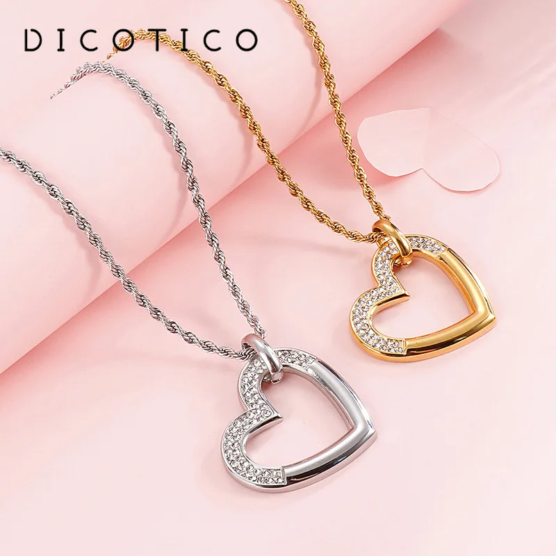 Stainless Steel Heart Pendant Necklace For Women Men Twisted Chain Clavicle Rhinestone Neck Choker Mather's Day Jewelry Gifts