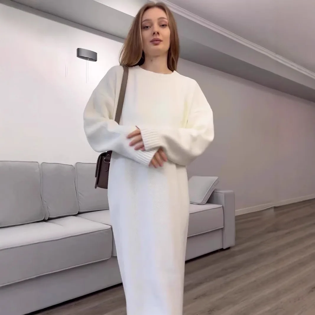 أنيقة المرأة محبوك جولة الرقبة طويلة الأكمام سترة الخريف الشتاء الدافئة فضفاض فستان كاجوال مكتب سيدة الجلباب #2