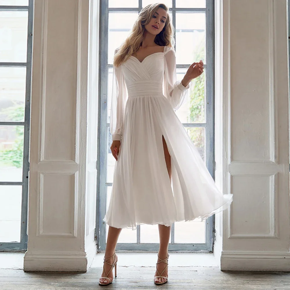 White tea short length simple long sleeved pleated side seam chiffon bridal gown elegant choice, showcasing noble Unique design