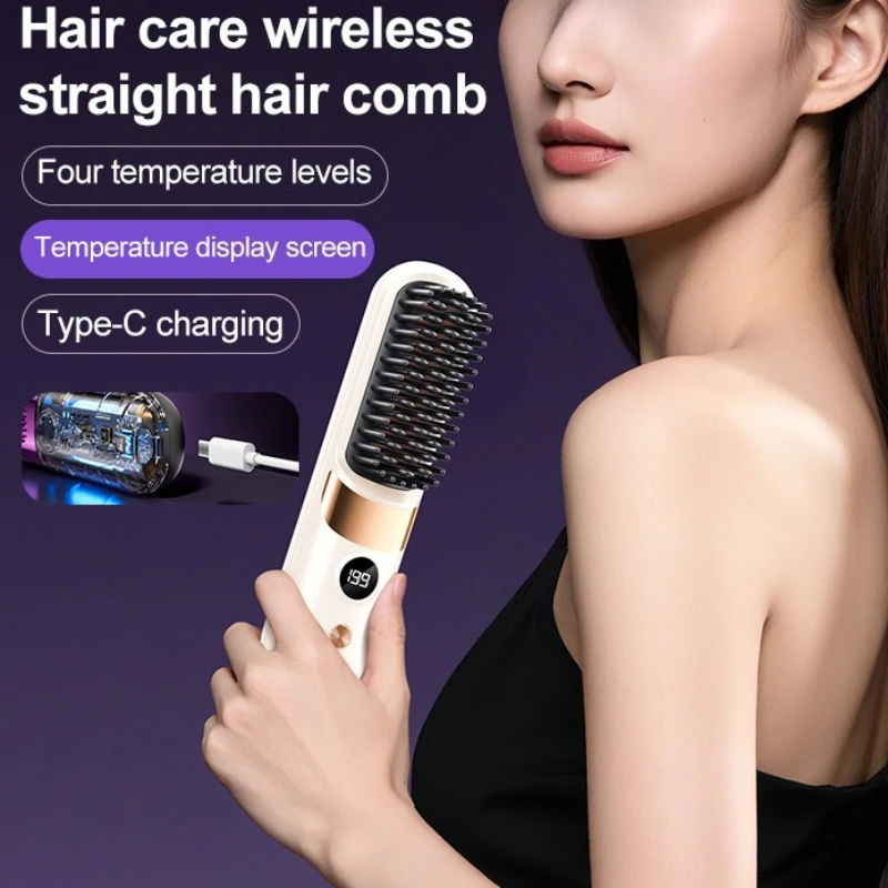 

Hair Straightener Brush 4000mAh USB Rechargeable Hot Comb, Portable Travel Straightening Brush for All Hair Types