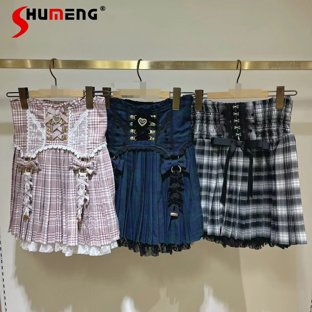 

Japanese Mine Girl Sweet Cute Plaid Skirt Bow Lace Splicing High Waist Slim-Fit Pink Pleated Skirt Women's Autumn Short Skirts