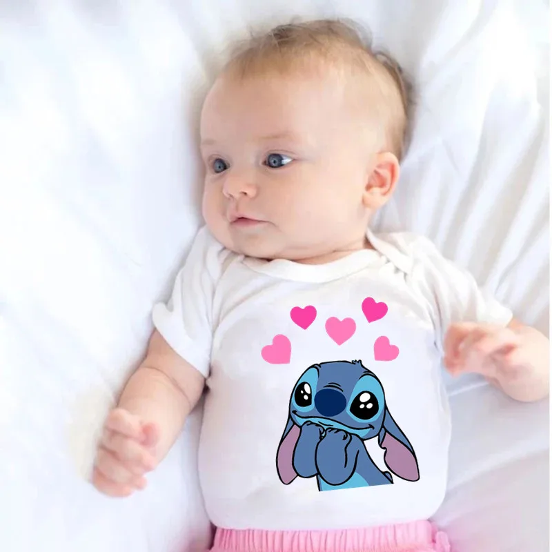 100% Cotton Disney Stitch Baby Clothes Summer Cartoon Newborn Baby Onesie Fashion White Infant Bodysuits 0-24M