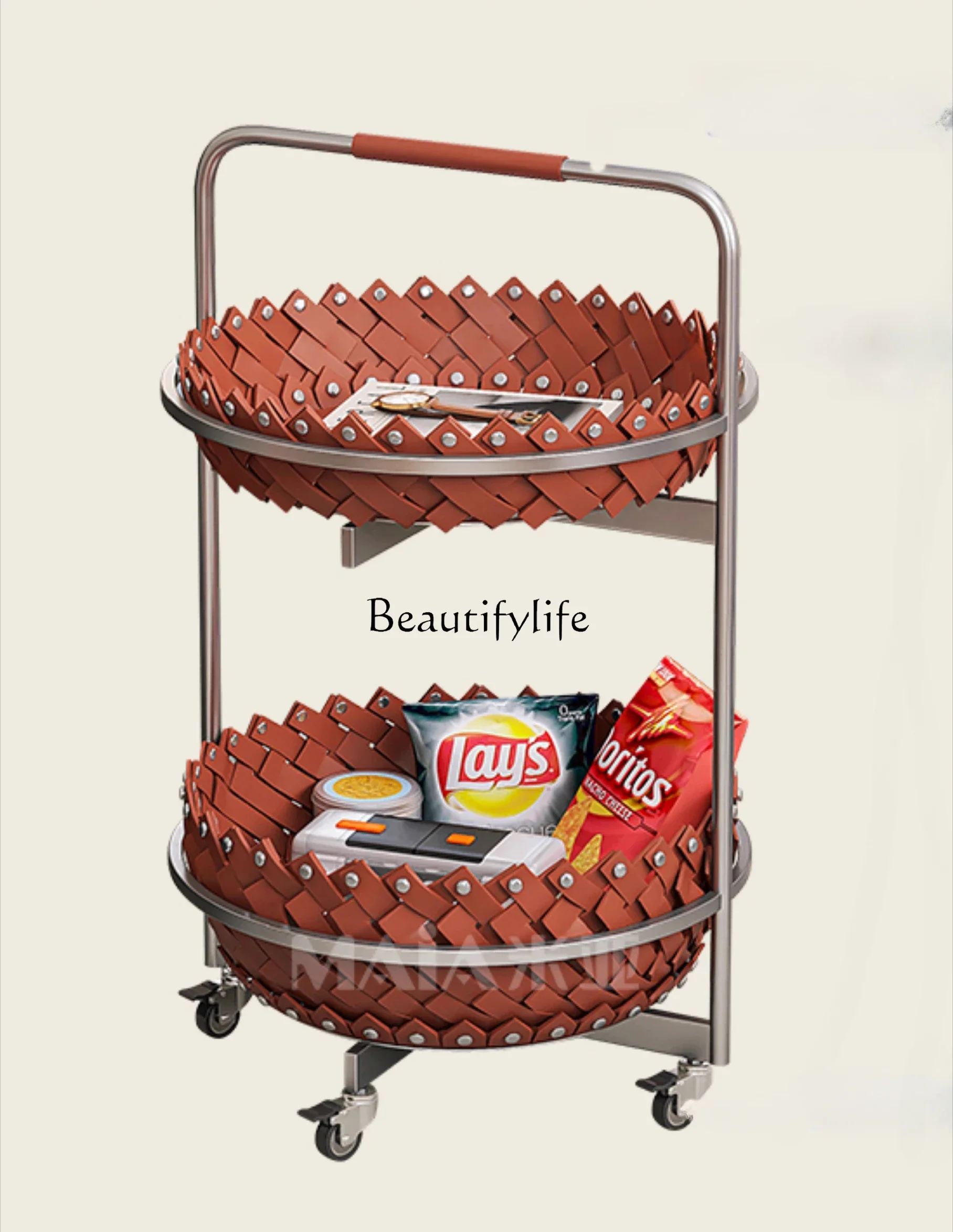 

LJY-*Italian light luxury sofa side a few saddles leather round cart designer high-end household woven goods