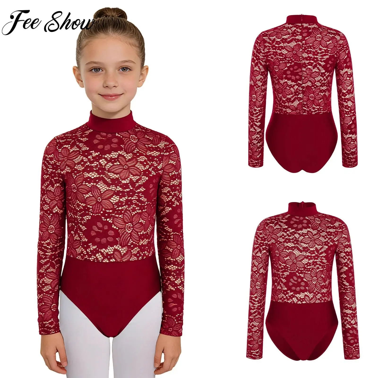 Kids Girls Ballet Dance Gymnastics Leotards Bodysuit Long Sleeve Zipper Lace Bodice Bodysuit Performance Ballerina Dance Wear