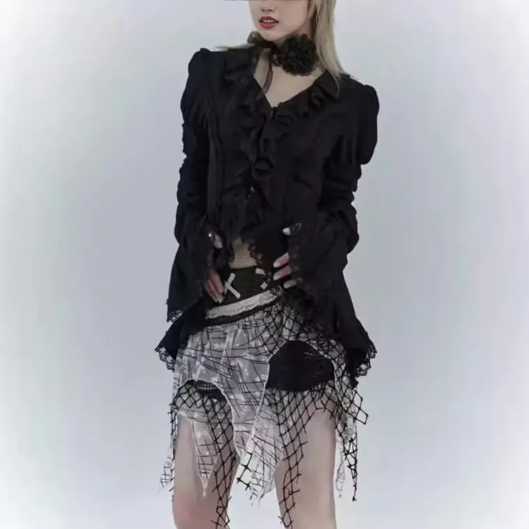 

Gothic Dark Retro Lace Ruffle Bell-sleeve Waist-cinching Long-sleeved Shirt for Women