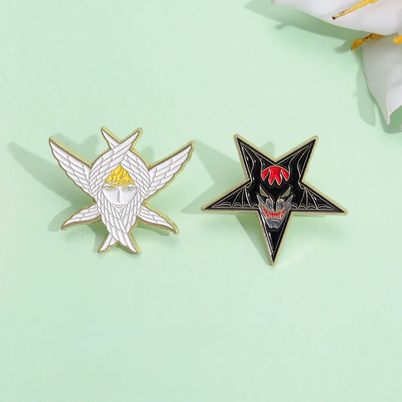 Cartoon Angel Wings Enamel Pin Black Pentagram Mysterious Devilman Evil Smile Brooches Lapel Collar Badge DIY Jewelry Fans Gift