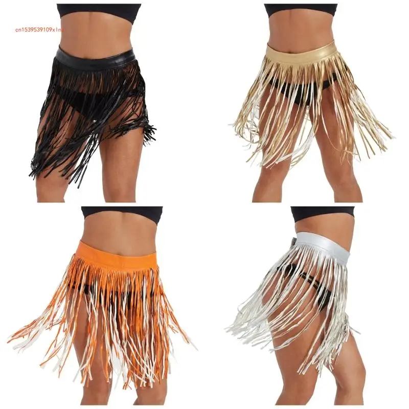 

Women Punk Rock PU Faux Leather Tassels Hip Skirt Costume Latin Dance Gothic Party Fringed Waist Belts Mini Skirts