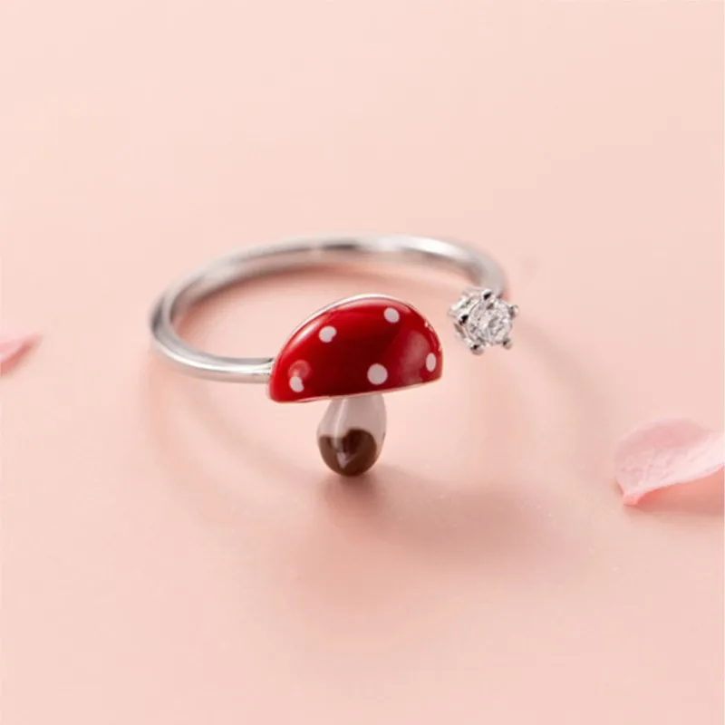 New Fashion And Creative Cute Red Dropping Small Mushroom 925 Sterling Silver Single Crystal Exquisite Opening Rings   R363