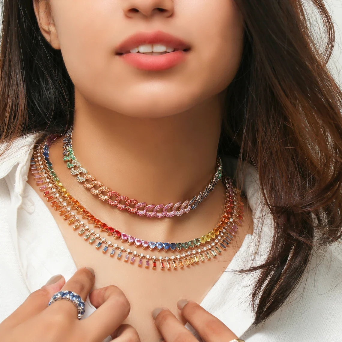 2026 New Arrived Christmas Gift Jewelry Gold Plated Rainbow Heart Shaped Cubic Zirconia CZ Tennis Chain Choker Necklace