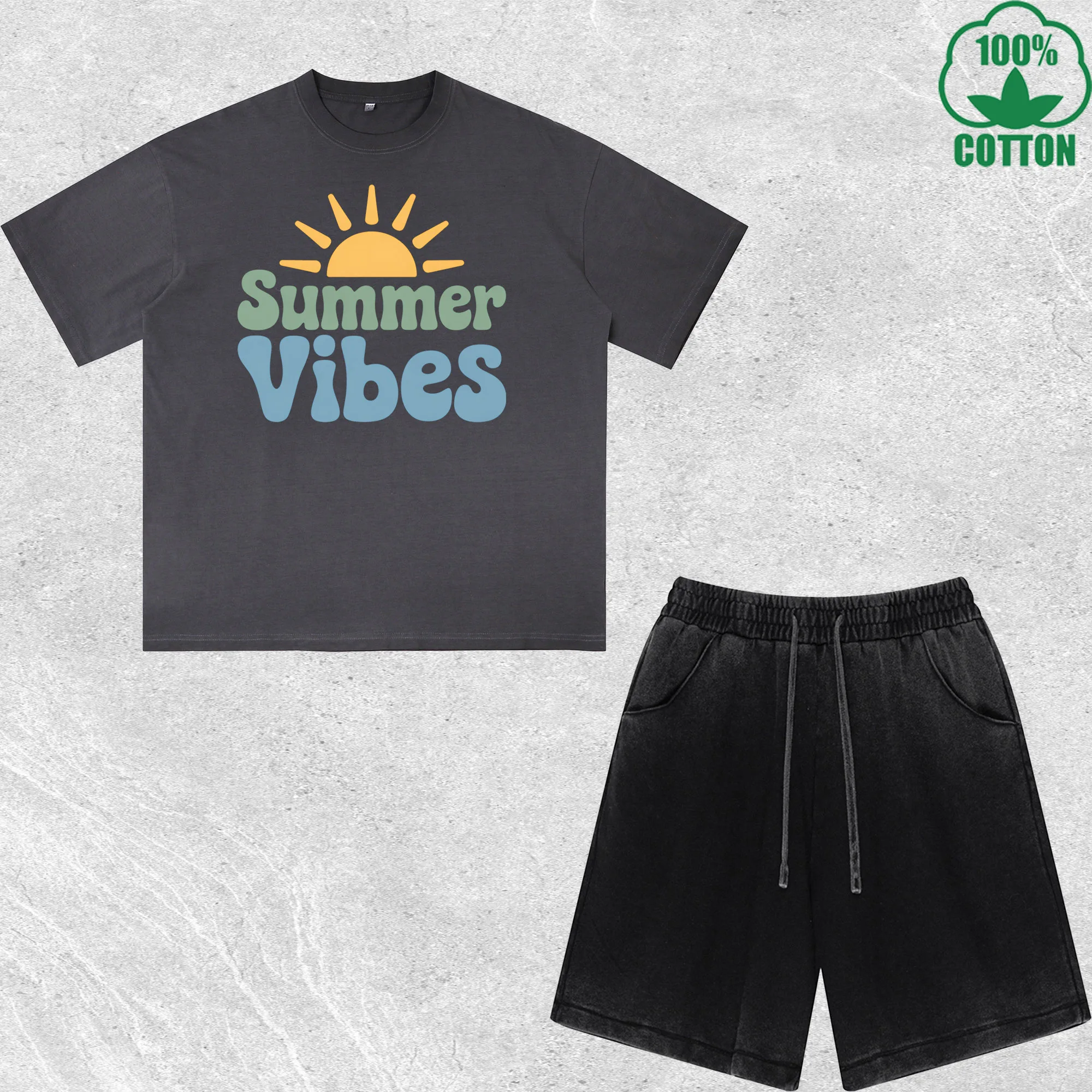 

Summer Vibes Printed Dirty Wash T-Shirt Shorts Set Multicolor Combo Loose Trendy Fashionable 100%Cotton