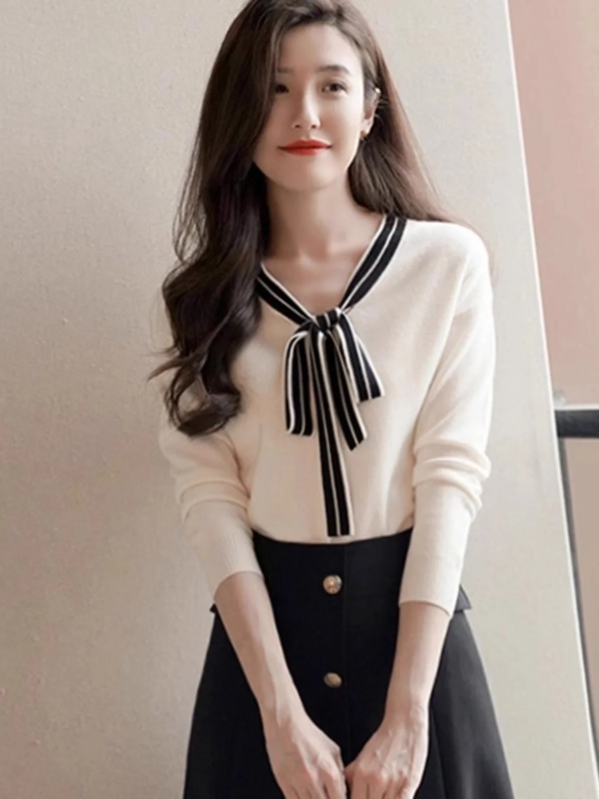 

Ele V-ne Knitwear with Sa And Knot Trendy Commuter Sle Long Sve Regular Fit Korean Version Autumn Top