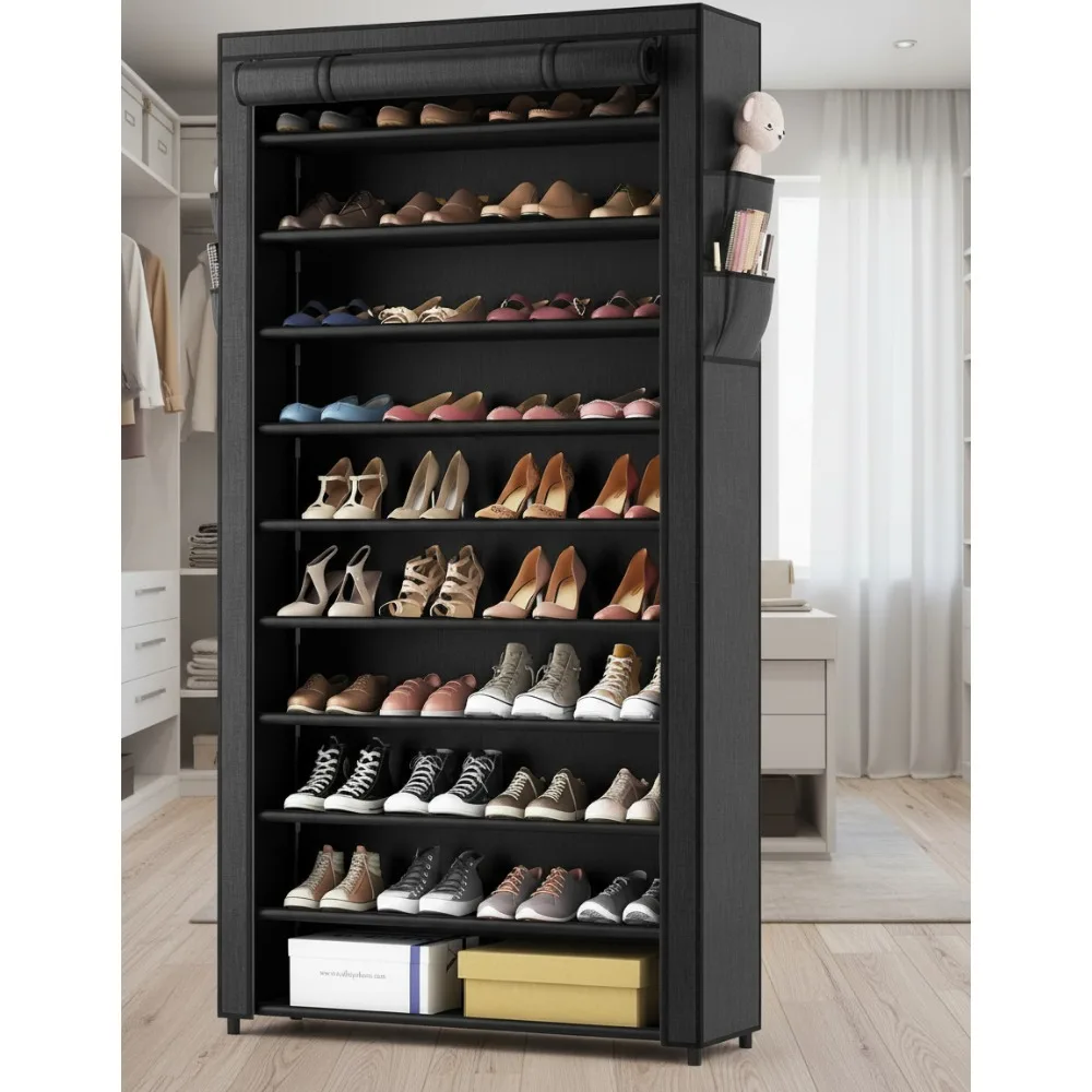

10-Tier Stackable Shoe Rack with Covers, Holds 50-55 Pairs, Sturdy Metal Storage Organizer for Entryway Closet Garage