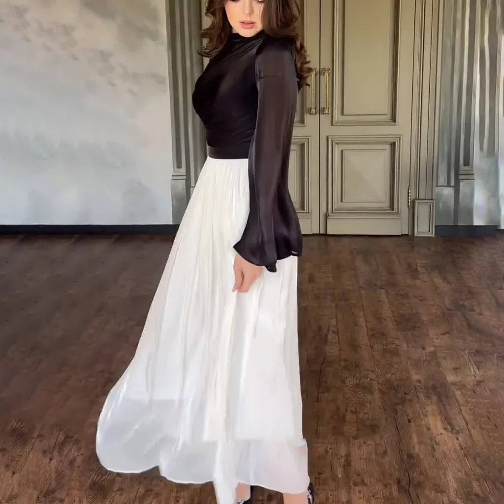 Ladies Mercerized Dress Slimming Waist Design Autumn New European American Style Women's Clothing