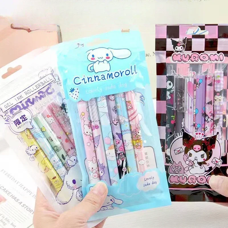 Sanurgente Kuromi-Ensemble de stylos gel de dessin animé mignon Kawaii, Hello Kitty, fournitures de papeterie pour étudiants, cadeau scolaire, 6 pièces, 0.5mm