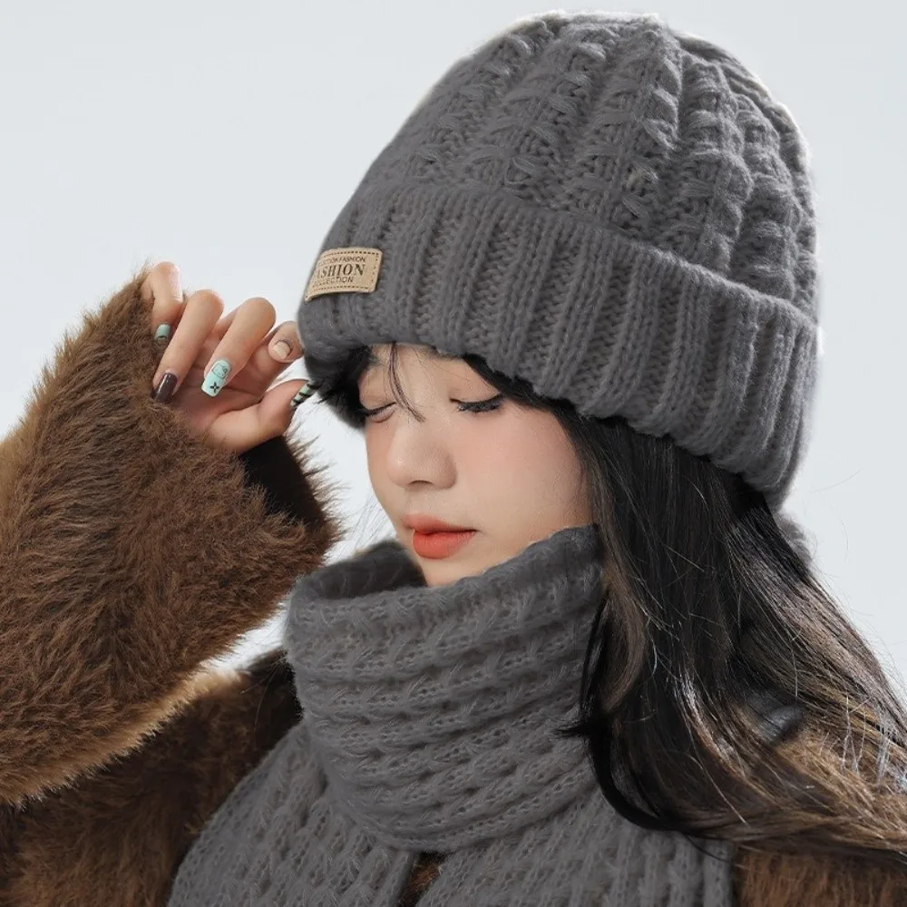 Gorro de punto a prueba de viento para exteriores, bufanda gruesa de felpa con protector para el cuello, conjunto de gorro, bufanda suave y cálida de estilo coreano, 2 uds.