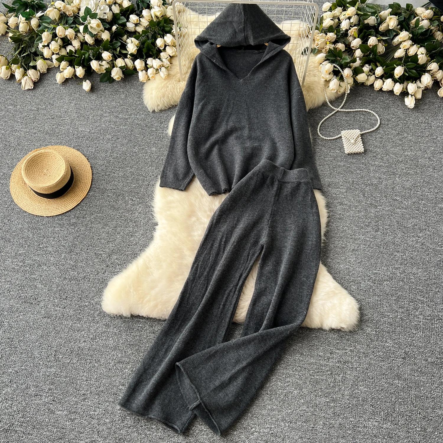 REALEFT Autumn Winter 2 Pieces Women\'s Sets Outfit Knitted Tracksuit Loose Hooded and Straight Jogging Pant Suit 2024 New