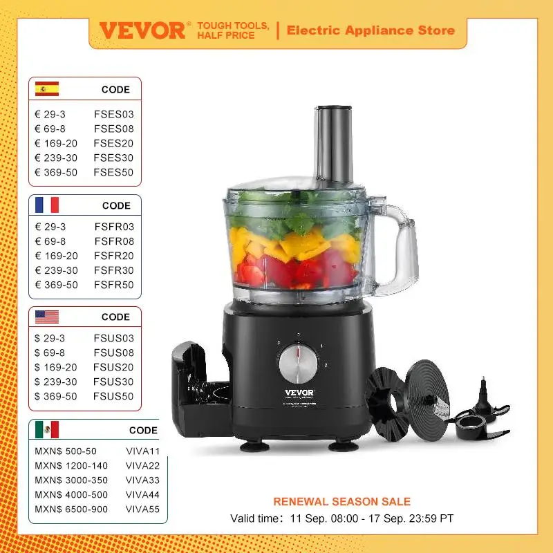 VEVOR Food Processor 9-Cup Vegetable Chopper for Chopping Slicing Shredding Puree and Kneading 600W Stainless Steel Blade  Black