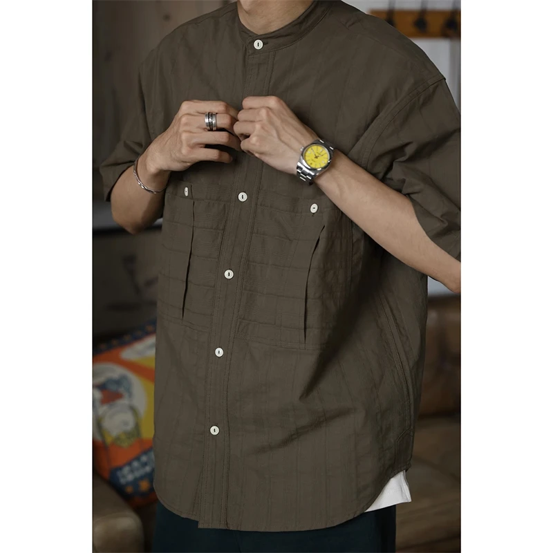 Second Order Retro Band Collar Short Sleeve Work Shirt Collarless Oversize Shirt