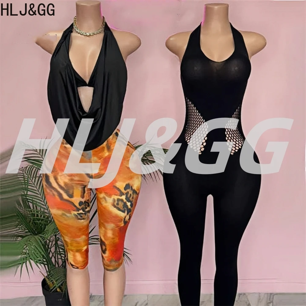 

HLJ&GG Fashion Leopard Mesh Shorts Two Piece Sets Women Halter Sleeveless Backless Crop Top+Shorts Outfits Y2K Female Streetwear