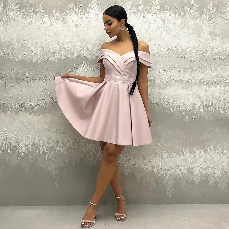 

Thinyfull Formal A-Line Mini Prom Dresses Off The Shoulder Satin Evening Dress Saudi Arabia Cocktail Party Prom Gowns Plus Size