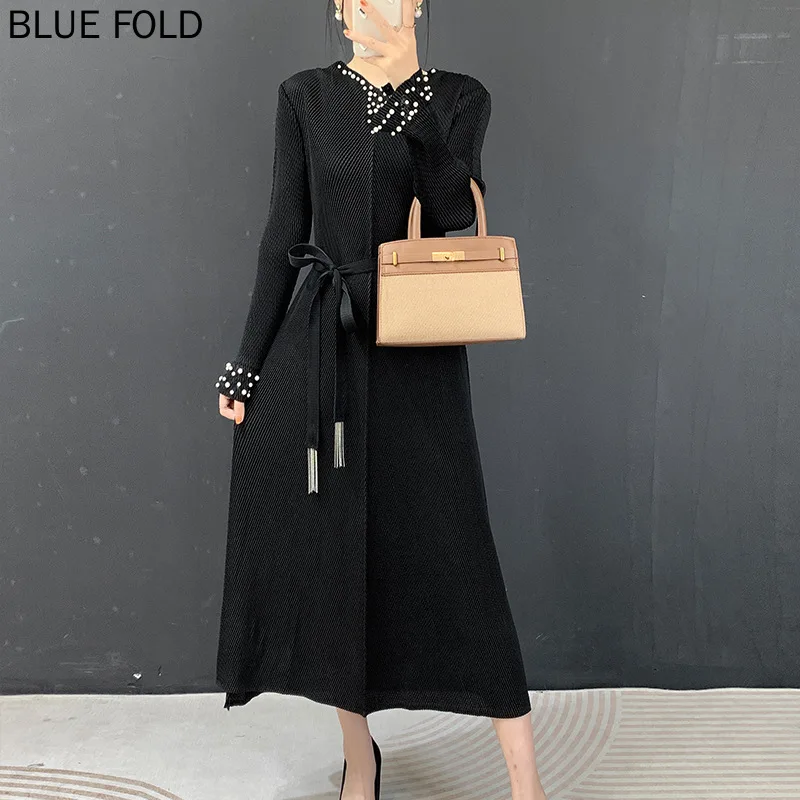 Vestido Plisado Miyake de Verano, Sencillo, Versátil, Casual, con Falda Amplia, Elegante, Estilizador, con Cuello en V, Vestido Plisado