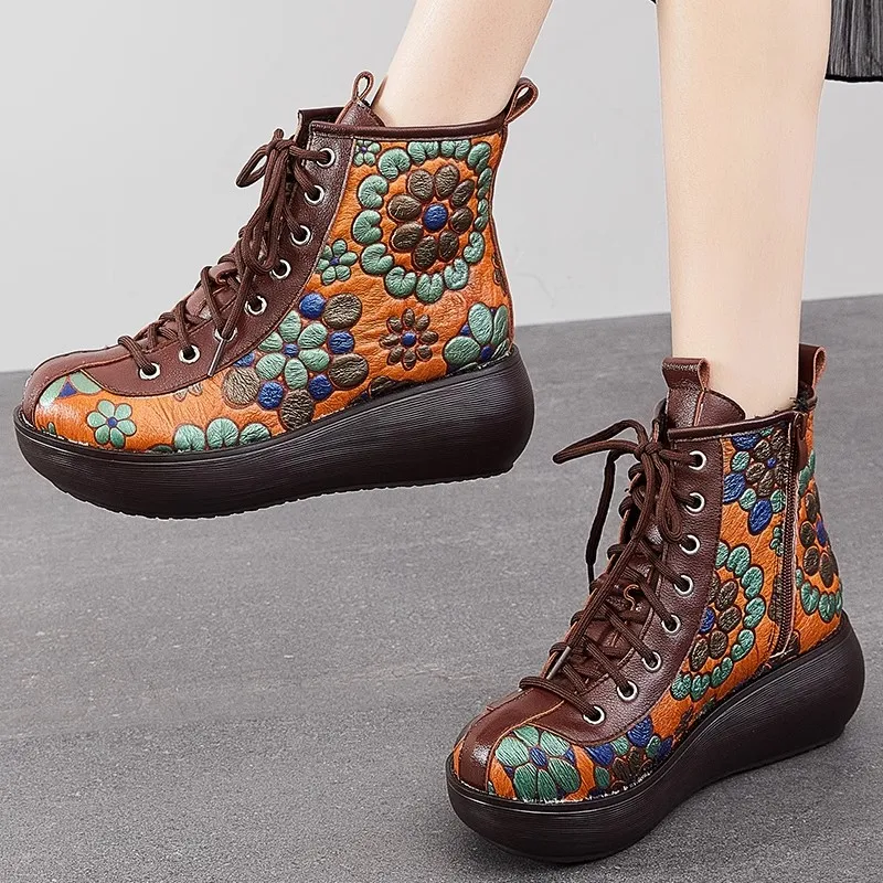 GKTINOO Genuine Leather Women Boots Retro Shoes 2024 New Autumn Winter Print Round Toe Lace-up Handmade Concise Platform Boots