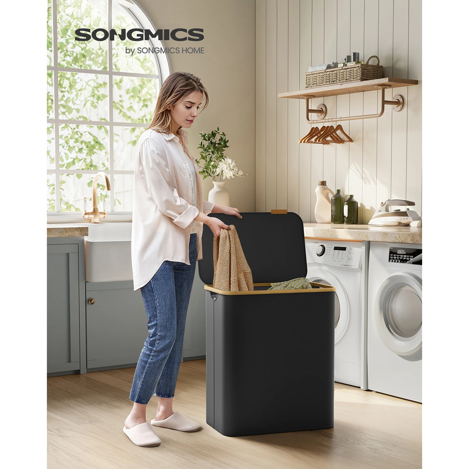 SONGMICS 150L Laundry Basket with Lid, 3-Section Hamper, Removable Mesh Liner, Oxford Fabric, Bamboo Handles,60x38.5x70.5cm