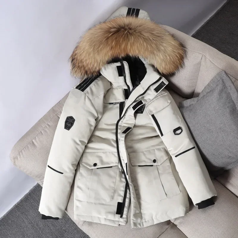 Homens inverno pato para baixo casacos com capuz gola de pele casual longo puffer jaquetas qualidade masculino ao ar livre à prova vento quente inverno parkas 4xl