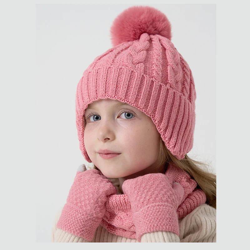 Kids Winter 3Pcs Earflap Single Pom Pom Knit Hat Scarf Touchscreen Gloves Set Fleece Lined Warm Toddler Outdoor Windproof Access