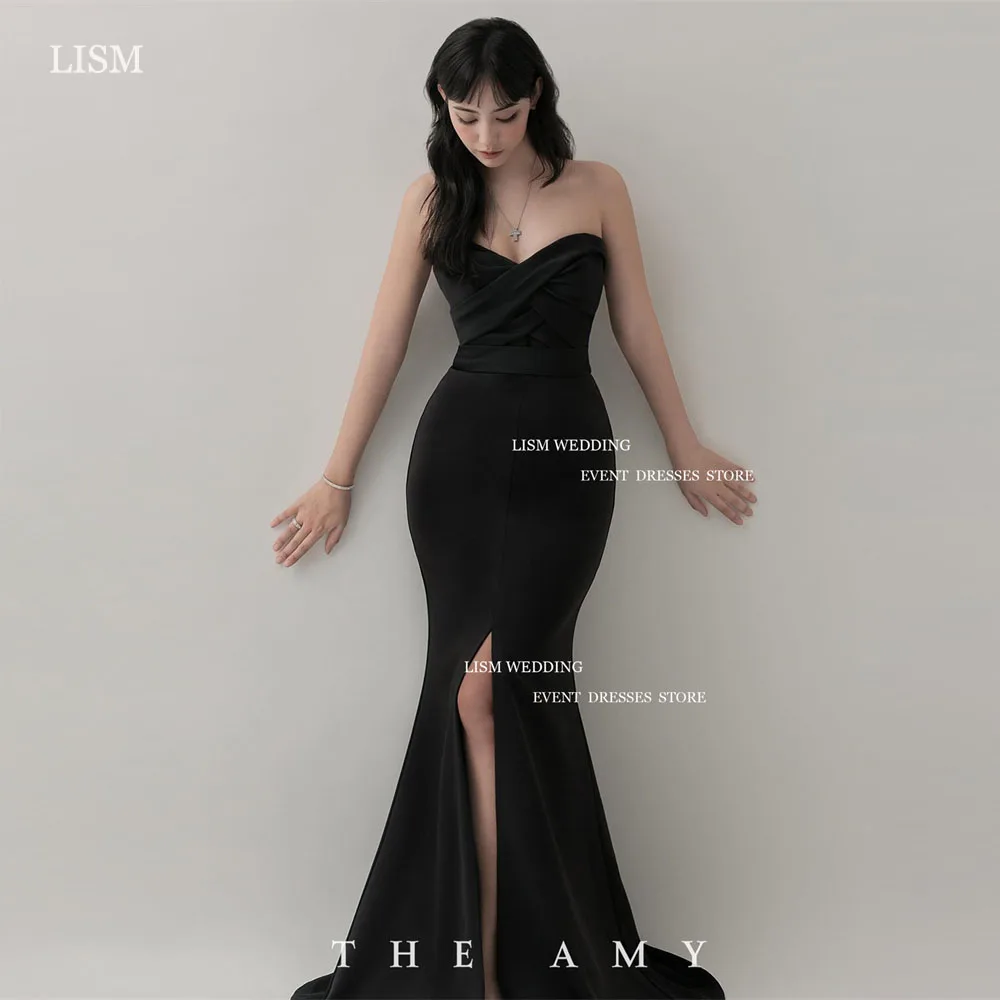 

LISM Simple Black Satin Mermaid Evening Dresses Korea Women Photo Shoot Sweetheart Side Split Formal Occasion Dress Event Corset