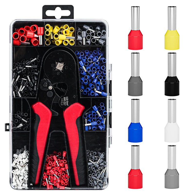 Kit di strumenti per crimpare ghiera 1200PCS Connettori per cavi AWG23-7 Terminali per cavi con estremità tubolare in rame Kit crimpatrice a cricchetto a dente di sega