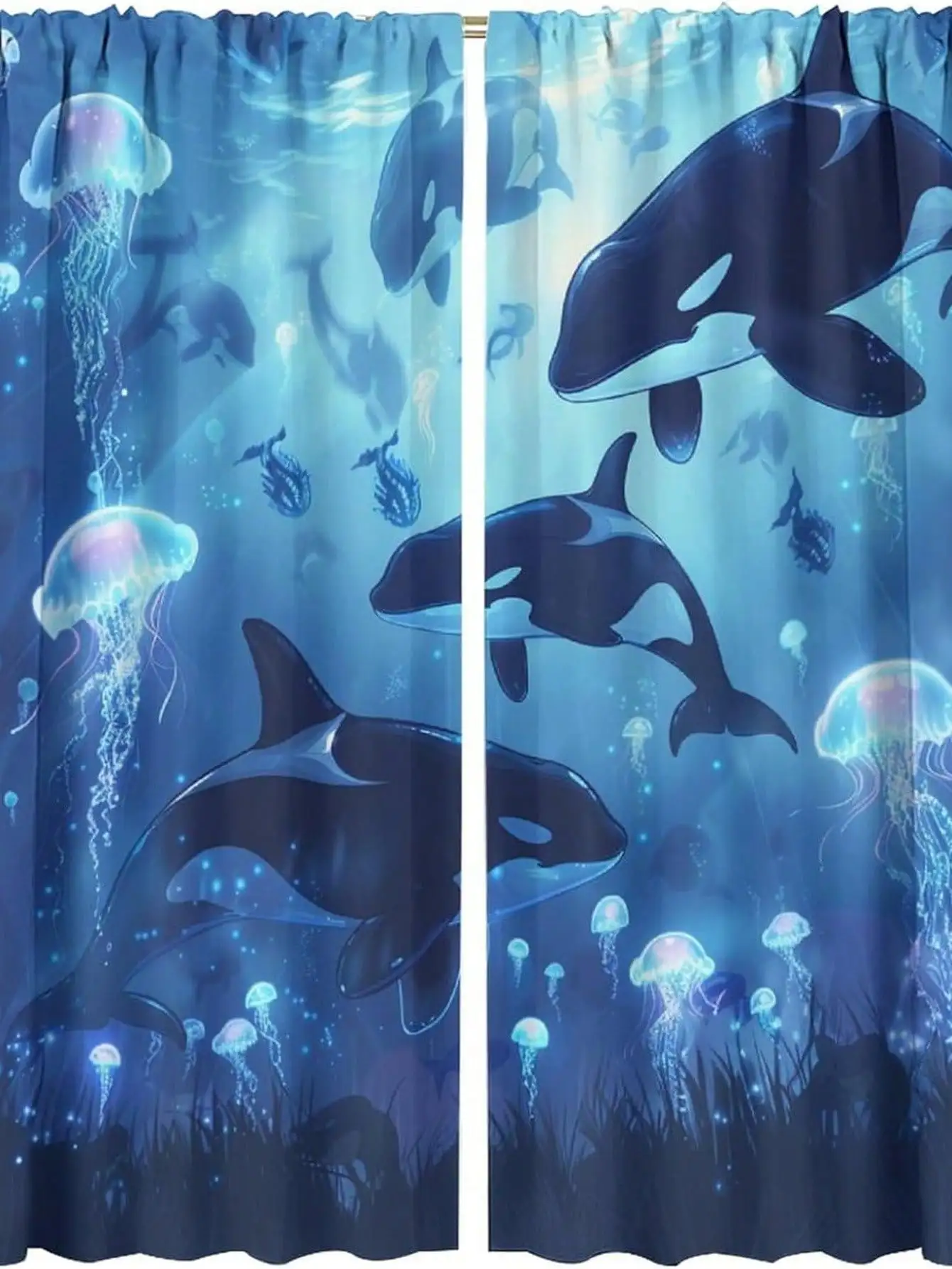 Deep Sea Curtain, Orca and Jellyfish Print Blackout Curtains, Underwater World Drapes, Blue Ocean Theme Decor, 2 Panels