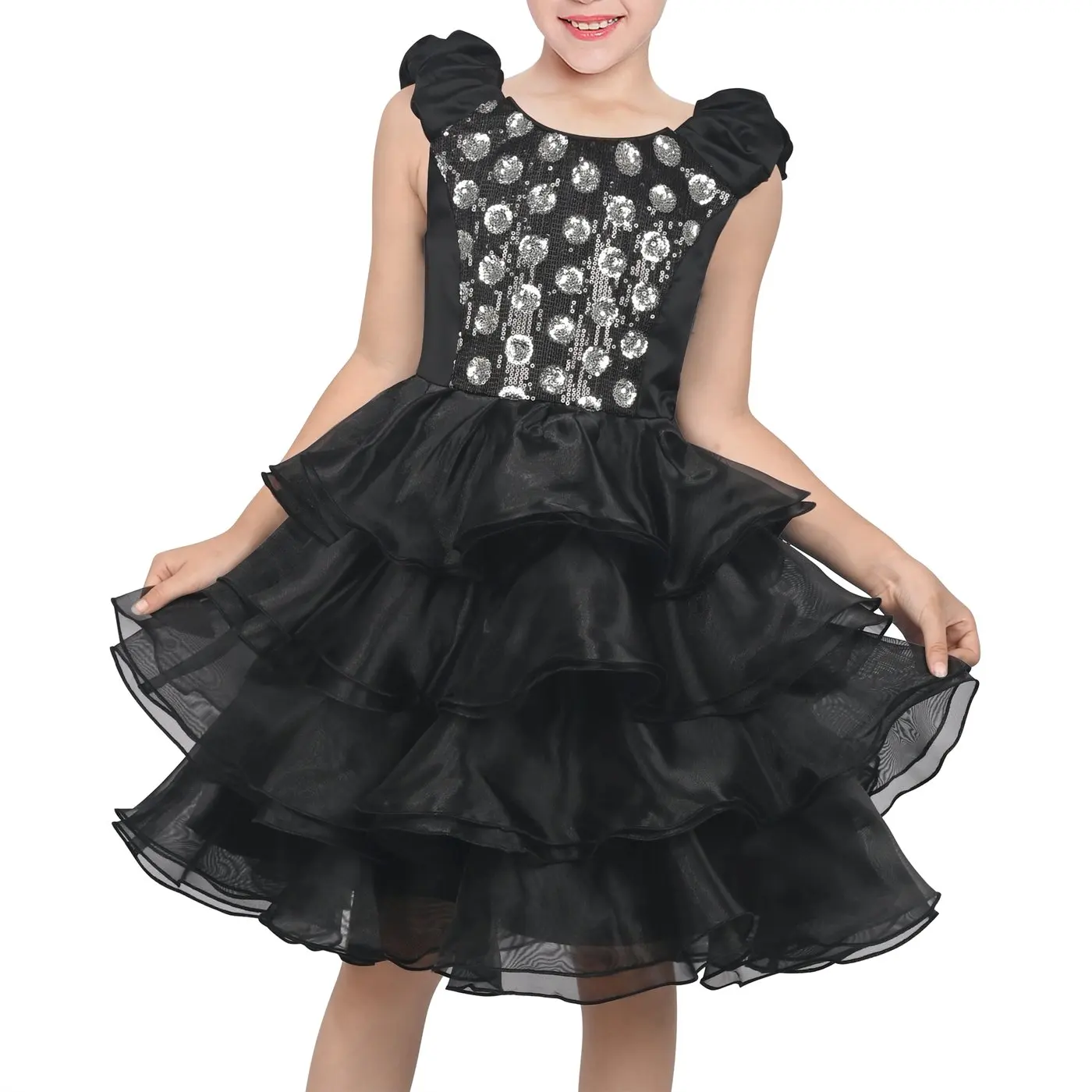Girls Dress Black White Color Block Asymmetrical Lace Sequin Trim Ruffled Tiered Tulle Modern