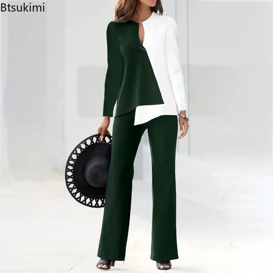 New 2025 Women's Casual Colorblock Long Sleeve Top and Wide Leg Pants Set 3D Print Femme Office Lady 2 Pieces Suit Set Outfits