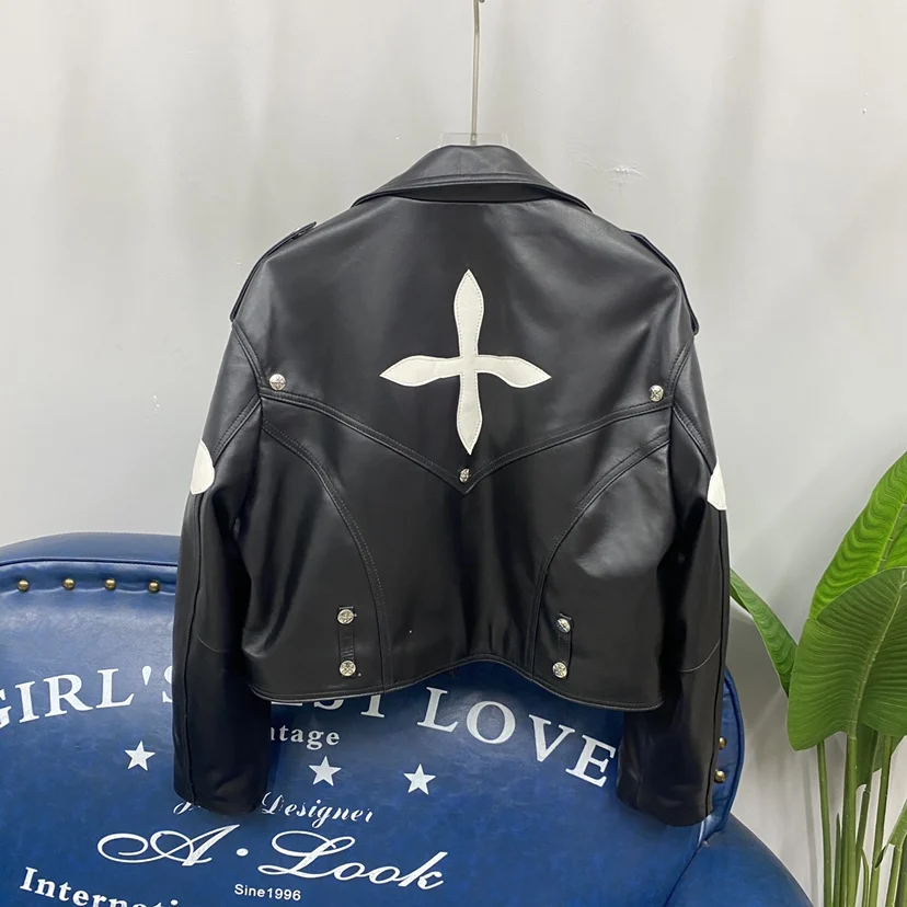 Bla White Cross Color Blo eep Leather Biker Casual Jaet Women's ort Real Leather Jaet European Sle Zipper Closure