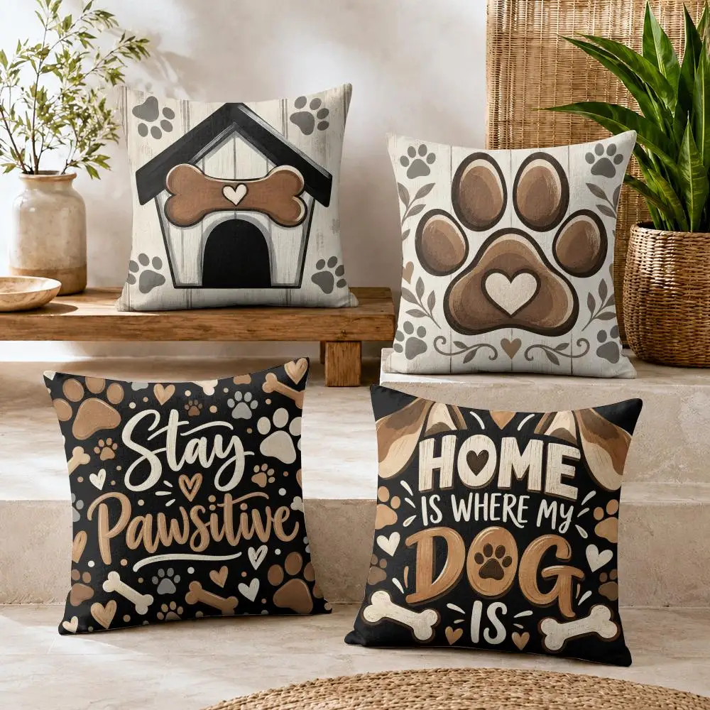 Dog Paw Prints Cushion Cover Premium Linen Pillow Cover Durable Soft Breathable Washable Home Decor Cushion Case