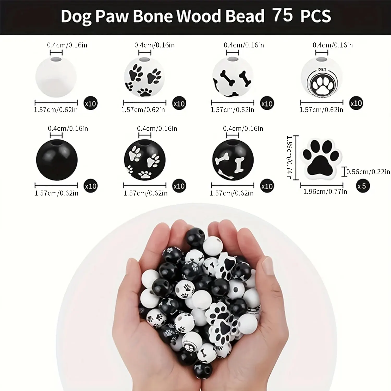 75pcs Dog Paw Bone Pattern Wooden Beads Black And White Wooden Craft Beads Puppy Paw Footprint Spacer Beads For DIY Jewelry