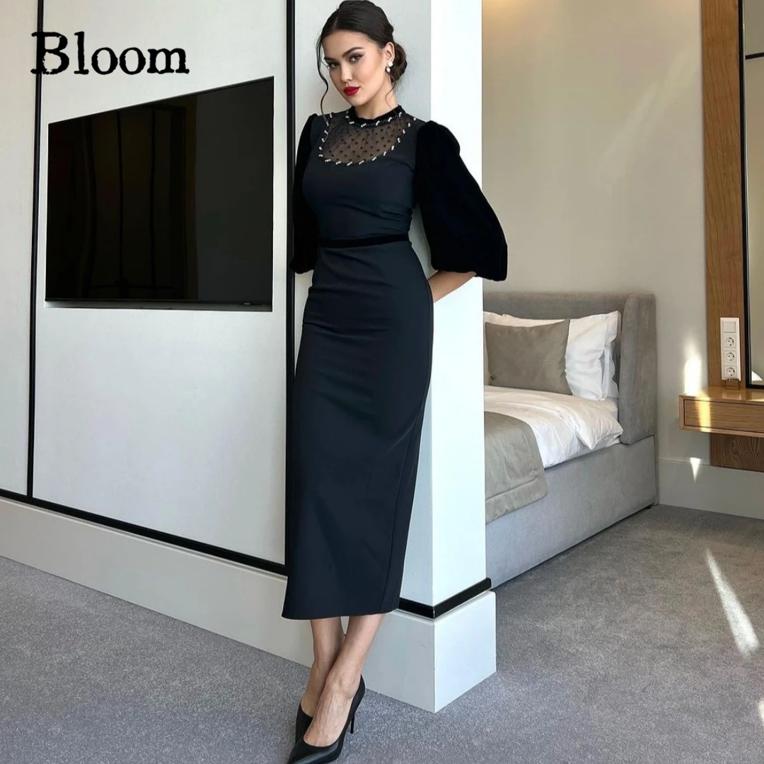 

Bloom Vintage Black Prom Dresses Beads Half Puff Sleeves Sheath Elegant Formal Evening Dresses Bridal Wedding Party Dress