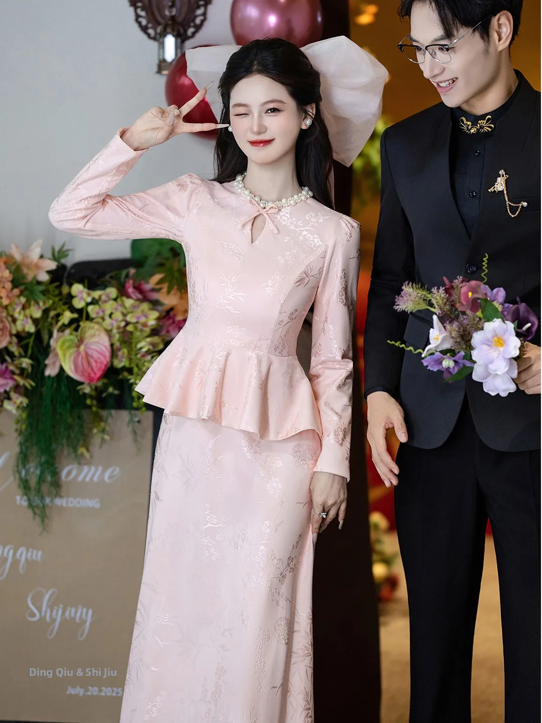 

Engagement Evening Gown Long Sve Bridal Dr Pink Luxury Wedding Robe Fem Vintage Sle Pearl Embellied Floor Length