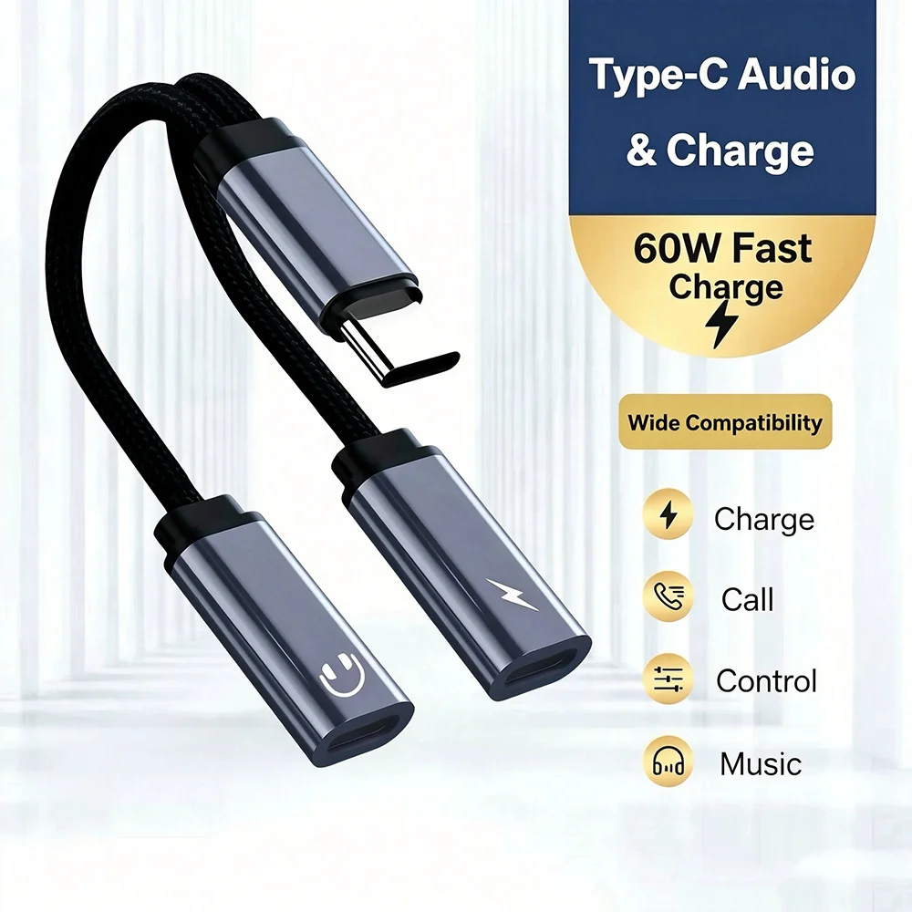 HANNUO 60W Multi-function Adapter 2 in 1 Type C HiFi Audio and Charger Dual USB C Splitter Earphone Cable Converter For iPhone